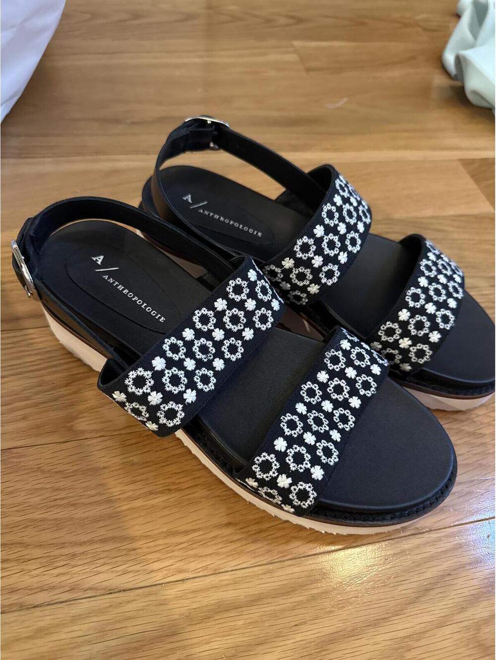 Anthropologie Black Floral Embroidered Sport Sandals US 10